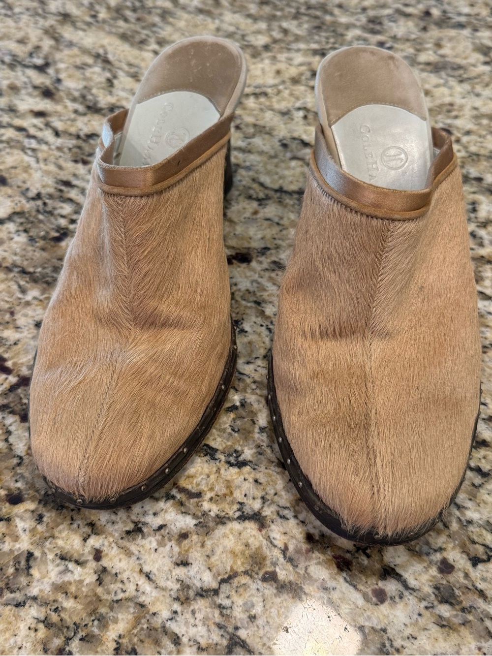 Cole Haan tan pony hair close toe 2.5” heeled leather mules SZ 7.5B